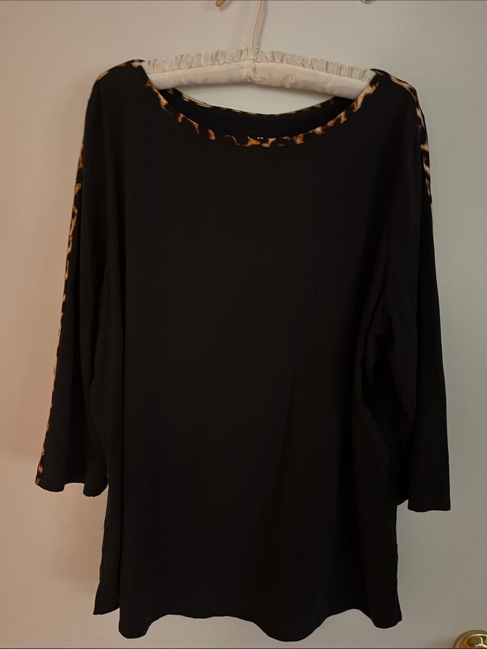Kim Gravel Belle Black 3/4 -Sleeve Top with Leopard-Print Trim